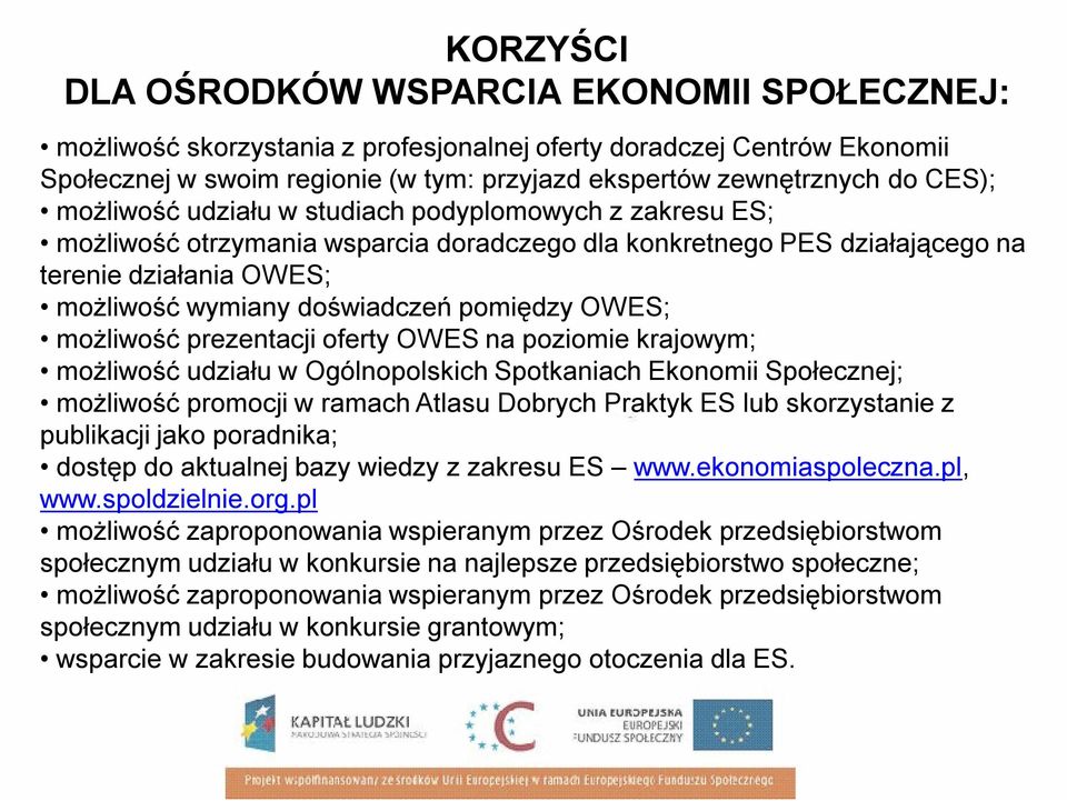 pomiędzy OWES; możliwość prezentacji oferty OWES na poziomie krajowym; możliwość udziału w Ogólnopolskich Spotkaniach Ekonomii Społecznej; możliwość promocji w ramach Atlasu Dobrych Praktyk ES lub