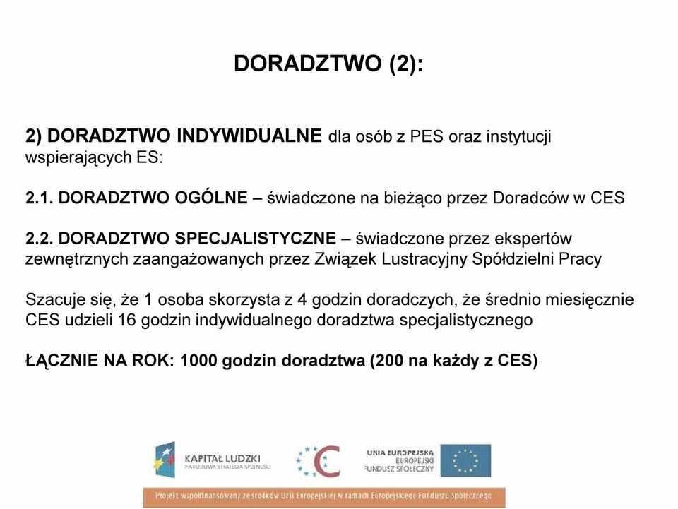 2. DORADZTWO SPECJALISTYCZNE świadczone przez ekspertów zewnętrznych zaangażowanych przez Związek Lustracyjny Spółdzielni