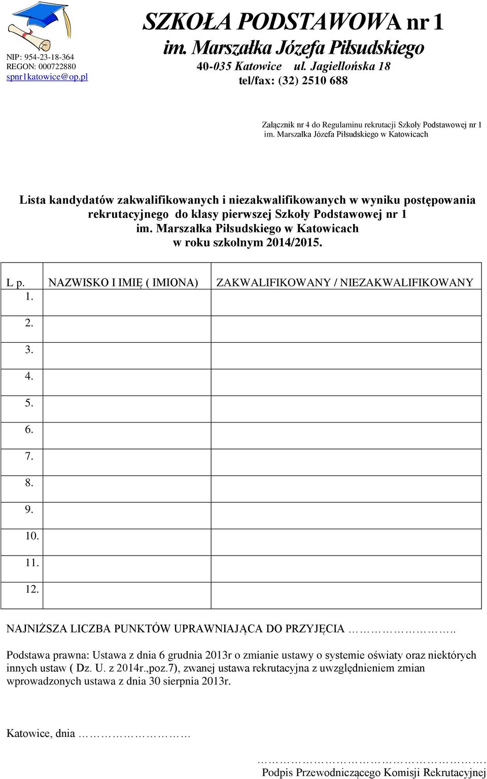 do klasy pierwszej Szkoły Podstawowej nr 1 im. Marszałka Piłsudskiego w Katowicach w roku szkolnym 2014/2015. L p. I IMIĘ ( IMIONA) ZAKWALIFIKOWANY / NIEZAKWALIFIKOWANY 1. 2. 3. 4. 5. 6. 7. 8. 9. 10.