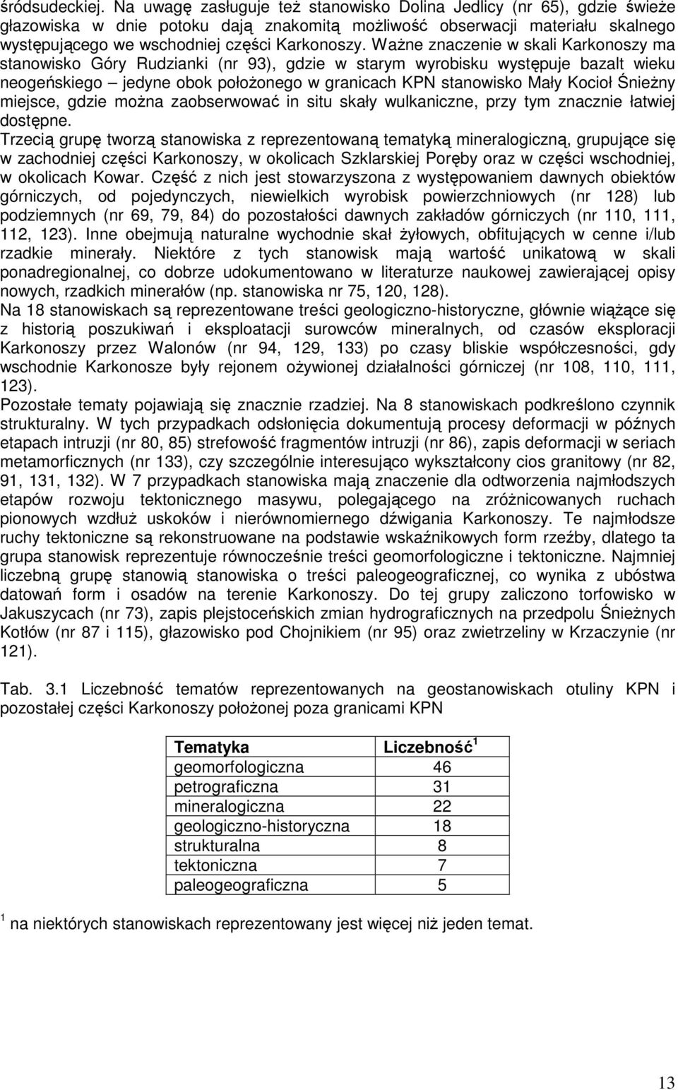 WaŜne znaczenie w skali Karkonoszy ma stanowisko Góry Rudzianki (nr 93), gdzie w starym wyrobisku występuje bazalt wieku neogeńskiego jedyne obok połoŝonego w granicach KPN stanowisko Mały Kocioł