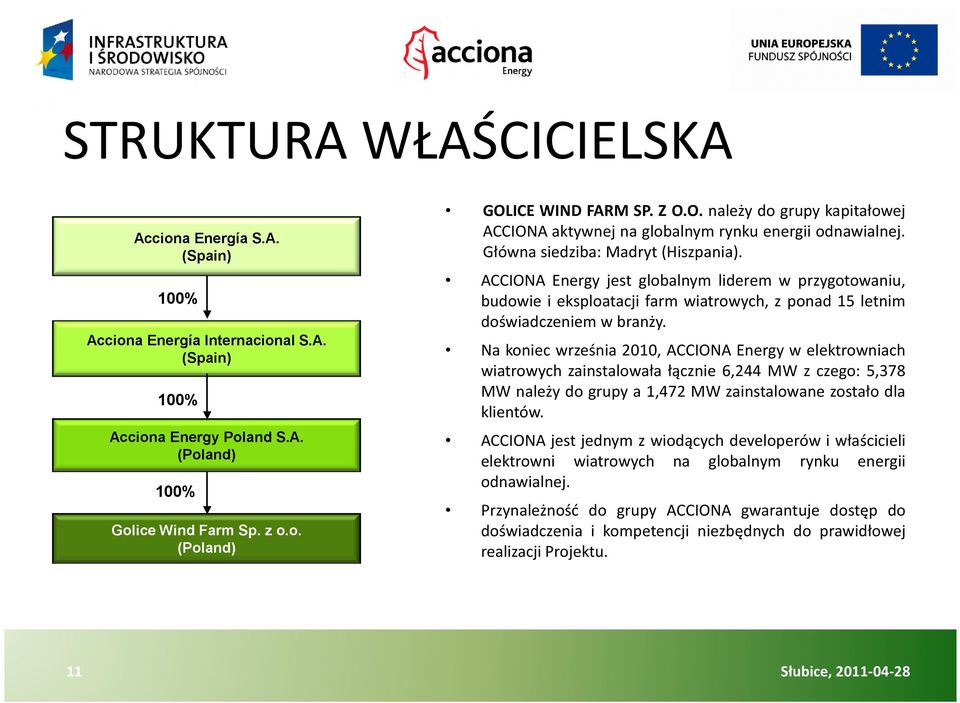 ACCIONA Energy jest globalnym liderem w przygotowaniu, budowie i eksploatacji farm wiatrowych, z ponad 15 letnim doświadczeniem w branży.