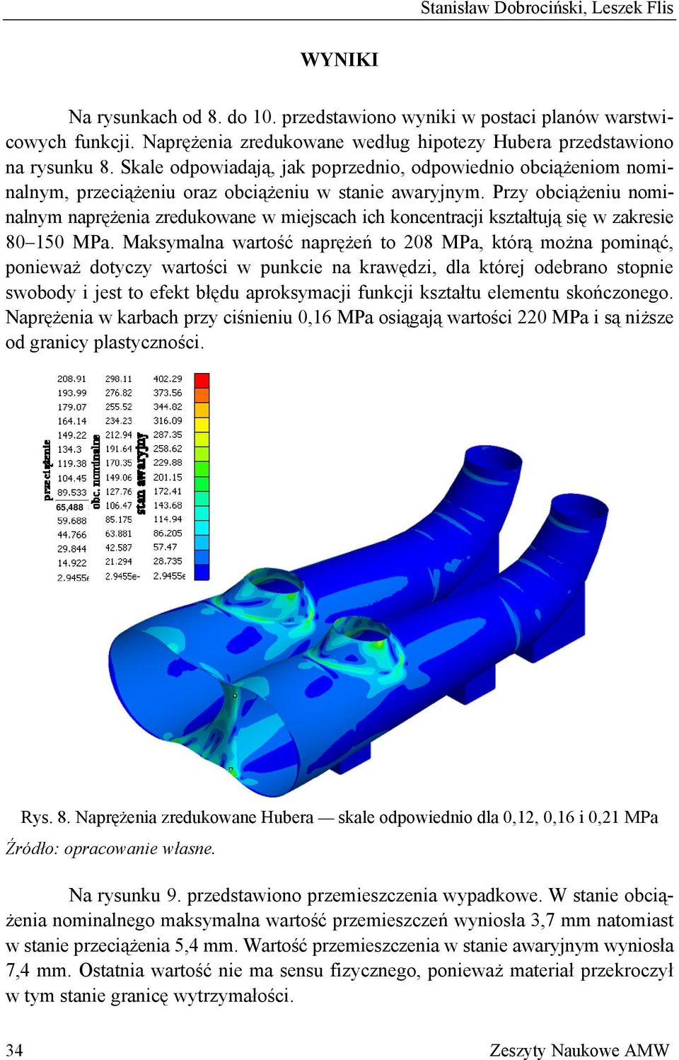 Przy obciążeniu nominalnym naprężenia zredukowane w miejscach ich koncentracji kształtują się w zakresie 80 150 MPa.