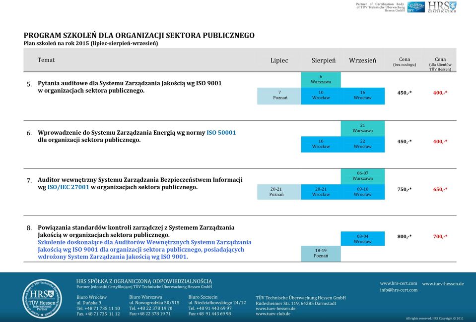 Auditor wewnętrzny Systemu Zarządzania Bezpieczeństwem Informacji wg ISO/IEC 27001 20-21 20-21 06-07 09-10 750,-* 650,-* 8.