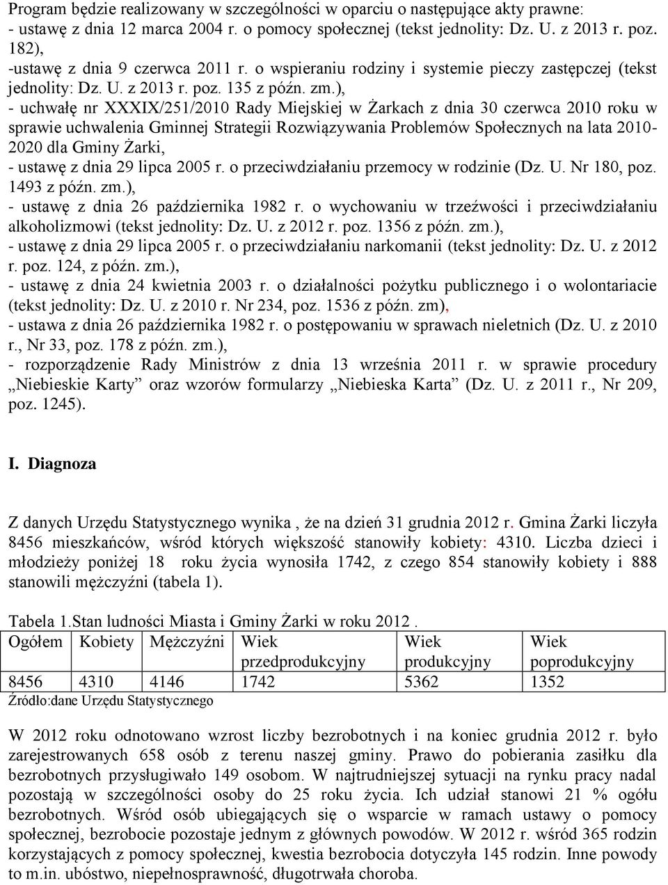 ), - uchwałę nr XXXIX/251/2010 Rady Miejskiej w Żarkach z dnia 30 czerwca 2010 roku w sprawie uchwalenia Gminnej Strategii Rozwiązywania Problemów Społecznych na lata 2010-2020 dla Gminy Żarki, -