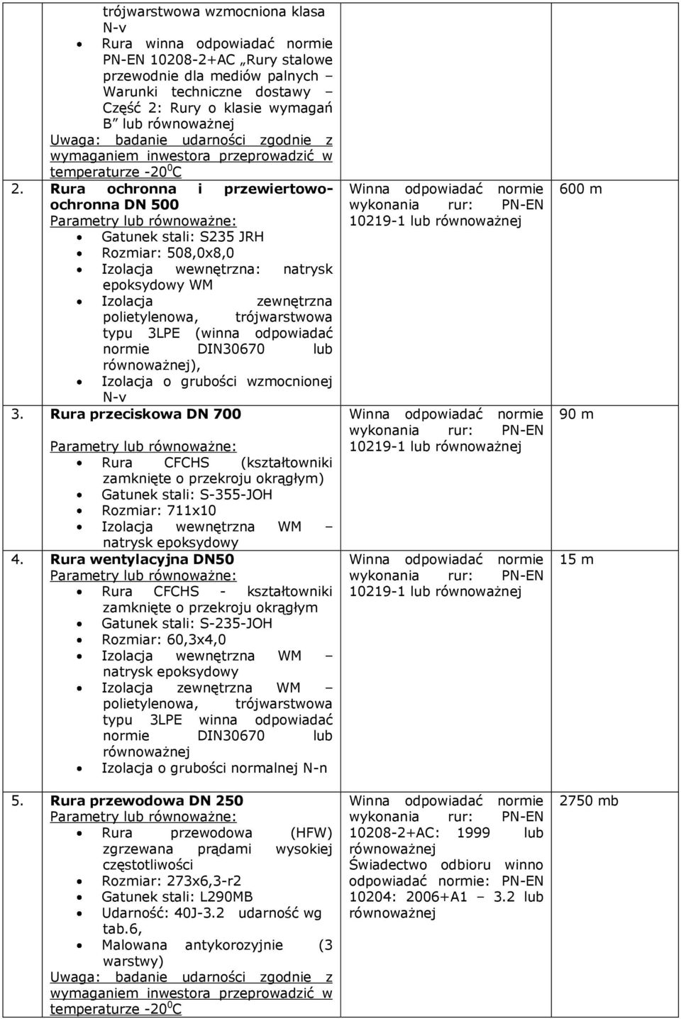 Rura ochronna i przewiertowoochronna DN 500 Gatunek stali: S235 JRH Rozmiar: 508,0x8,0 Izolacja wewnętrzna: natrysk epoksydowy WM Izolacja zewnętrzna polietylenowa, trójwarstwowa typu 3LPE (winna