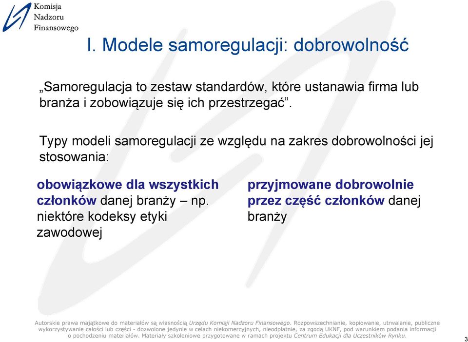 Typy modeli samoregulacji ze względu na zakres dobrowolności jej stosowania: obowiązkowe