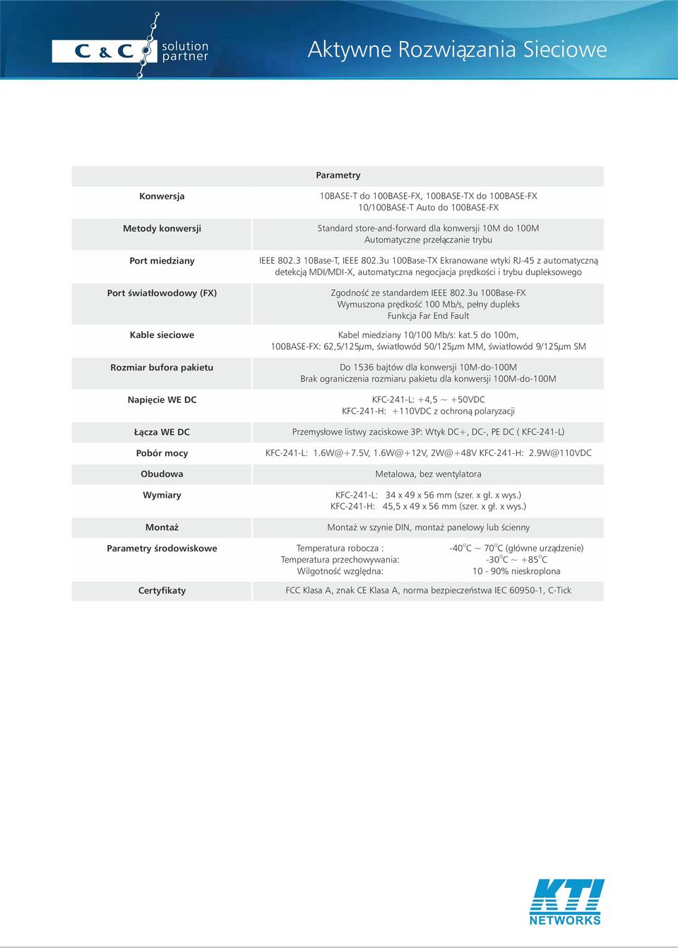 3u 100Base-TX Ekranowane wtyki RJ-45 z automatyczną detekcją MDI/MDI-X, automatyczna negocjacja prędkości i trybu dupleksowego Zgodność ze standardem IEEE 802.