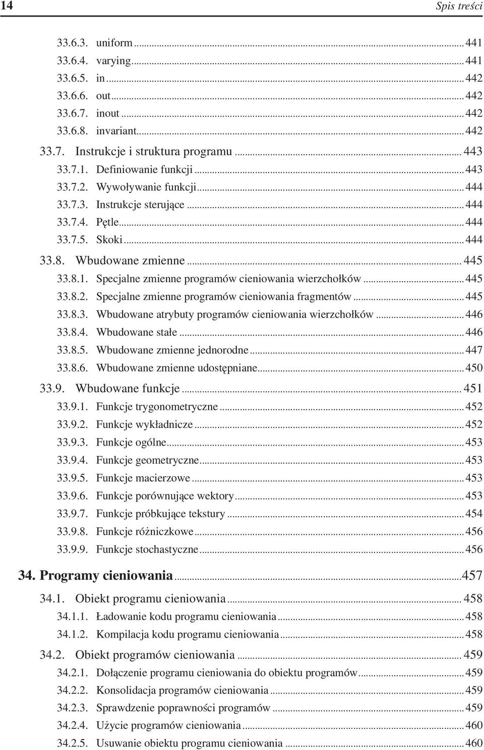 Specjalne zmienne programów cieniowania wierzchołków... 445 33.8.2. Specjalne zmienne programów cieniowania fragmentów... 445 33.8.3. Wbudowane atrybuty programów cieniowania wierzchołków... 446 33.8.4. Wbudowane stałe.