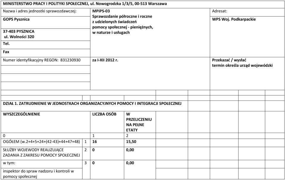 Podkarpackie Fax Numer identyfikacyjny REGON: 8 za I-XII r. Przekazać / wysłać termin określa urząd wojewódzki DZIAŁ.