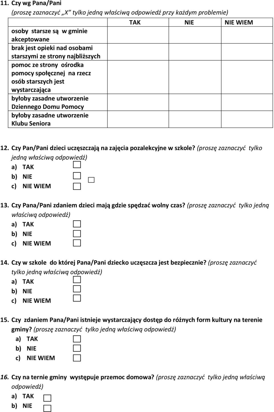 Czy Pan/Pani dzieci uczęszczają na zajęcia pozalekcyjne w szkole? (proszę zaznaczyć tylko jedną właściwą odpowiedź) c) NIE IEM 13. Czy Pana/Pani zdaniem dzieci mają gdzie spędzać wolny czas?