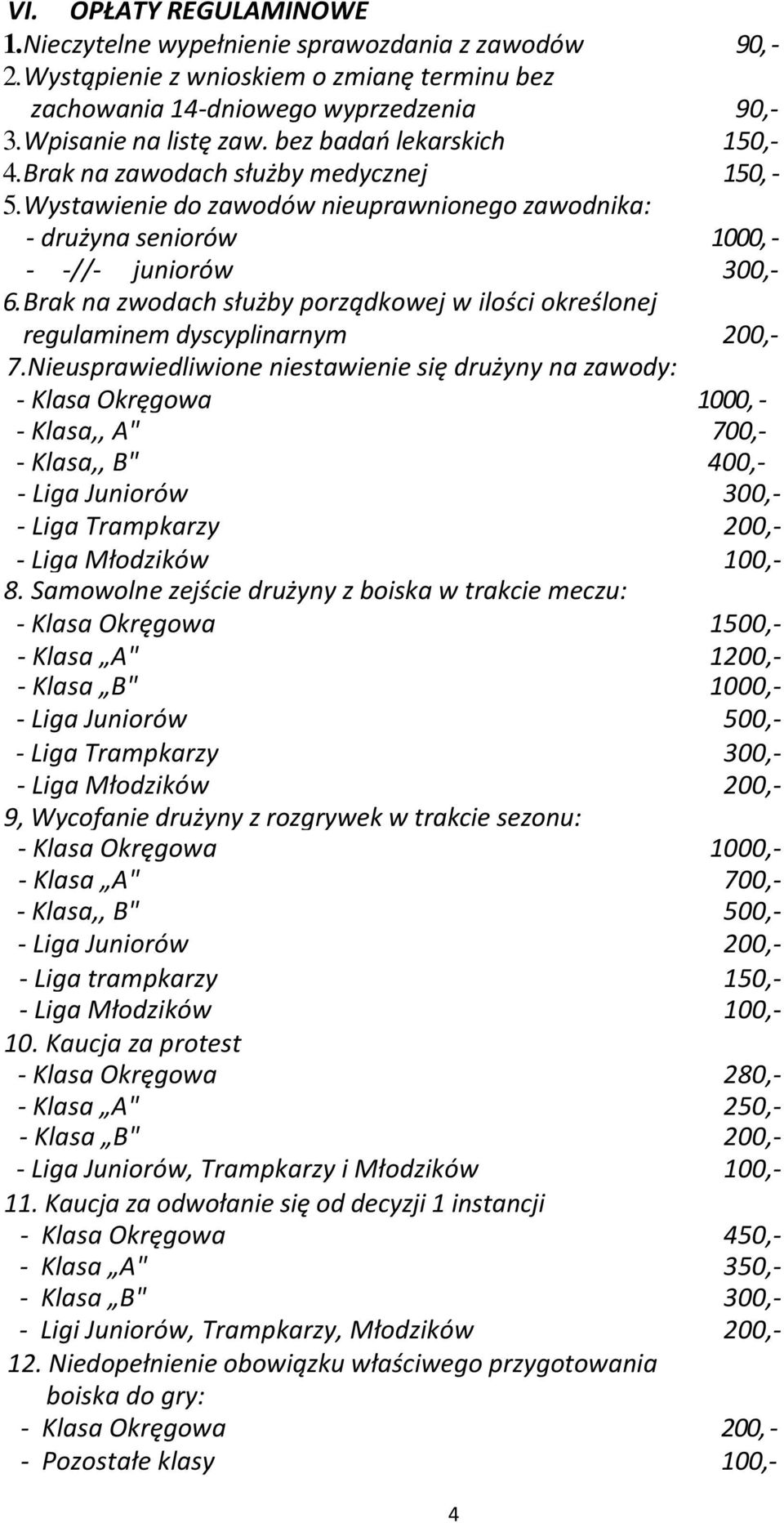 Brak na zwodach służby porządkowej w ilości określonej regulaminem dyscyplinarnym 200,- 7.