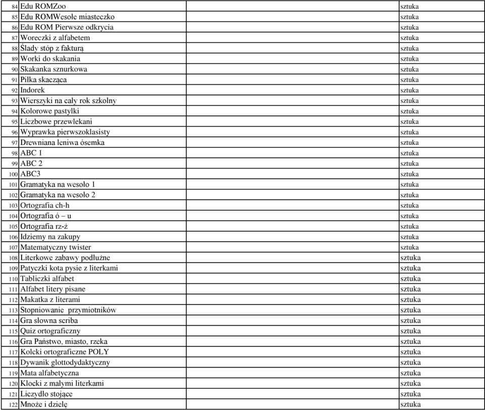 na wesoło 2 103 Ortografia ch-h 104 Ortografia ó u 105 Ortografia rz-ż 106 Idziemy na zakupy 107 Matematyczny twister 108 Literkowe zabawy podłużne 109 Patyczki kota pysie z literkami 110 Tabliczki