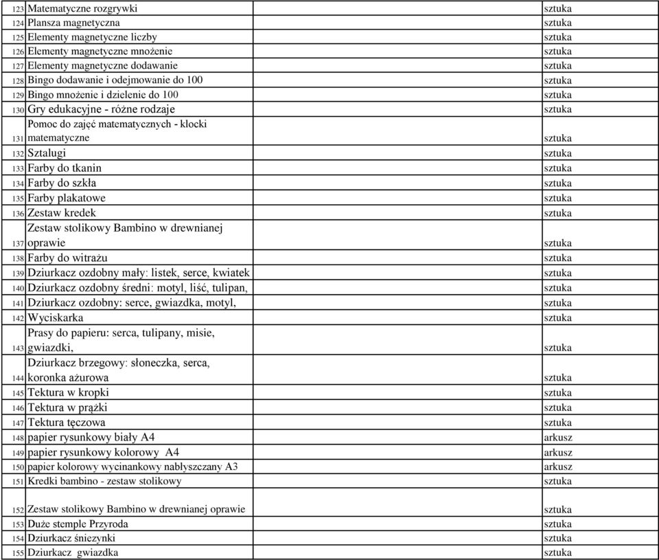 136 Zestaw kredek Zestaw stolikowy Bambino w drewnianej 137 oprawie 138 Farby do witrażu 139 Dziurkacz ozdobny mały: listek, serce, kwiatek 140 Dziurkacz ozdobny średni: motyl, liść, tulipan, 141