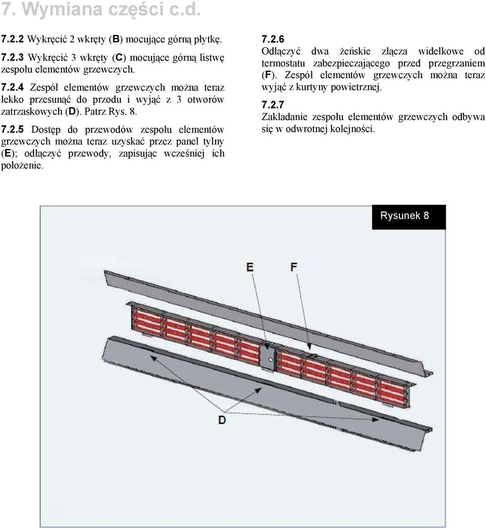 Zespół elementów grzewczych można teraz wyjąć z kurtyny powietrznej. 7.2.7 Zakładanie zespołu elementów grzewczych odbywa się w odwrotnej kolejności. Rysunek 8