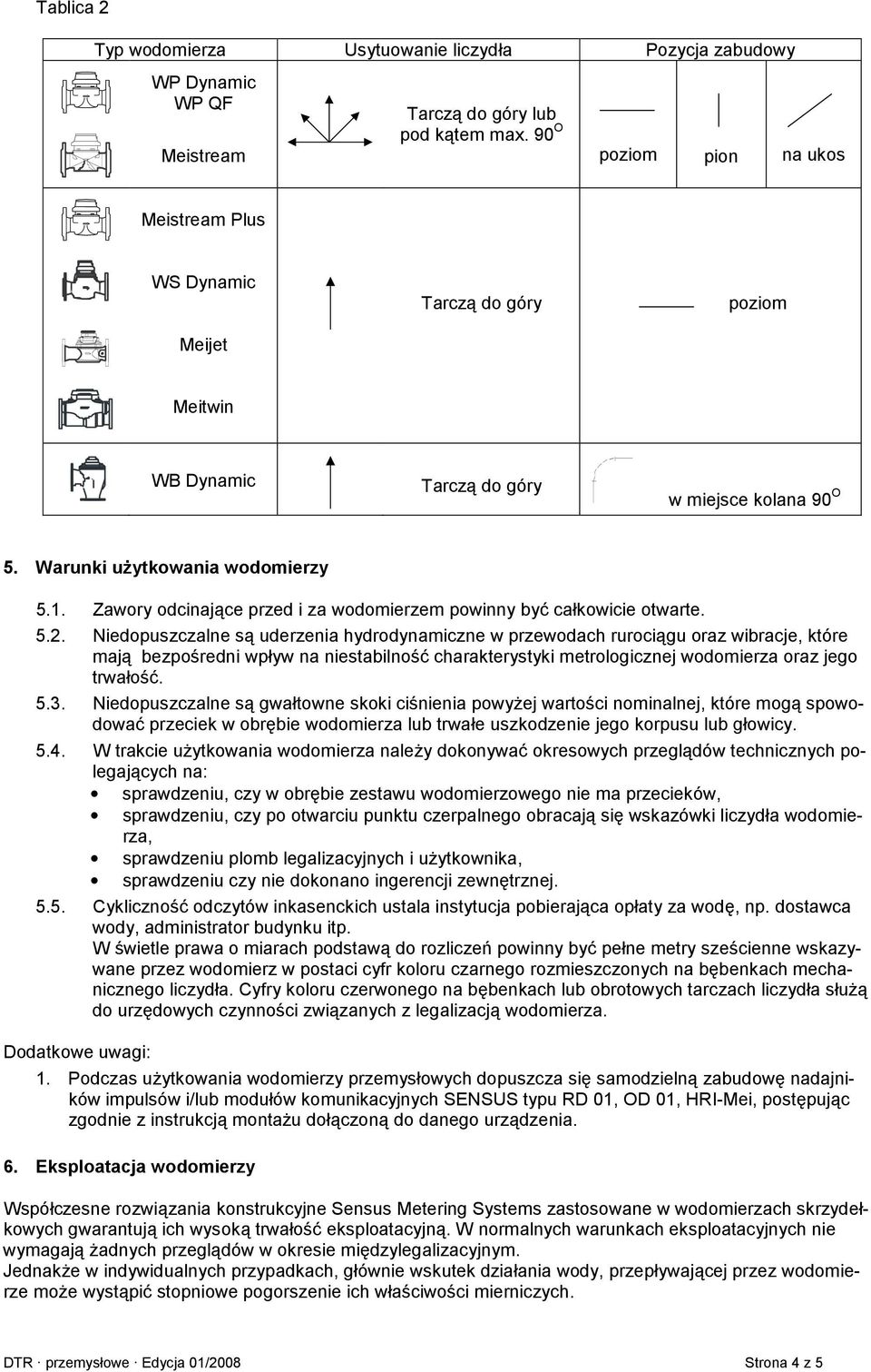 Niedopuszczalne s' uderzenia hydrodynamiczne w przewodach ruroci'gu oraz wibracje, które maj' bezpo"redni wpyw na niestabilno"7 charakterystyki metrologicznej wodomierza oraz jego trwao"7. 5.3.