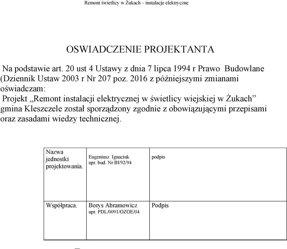 2016 z późniejszymi zmianami oświadczam: Projekt Remont instalacji elektrycznej w świetlicy wiejskiej w Żukach gmina Kleszczele