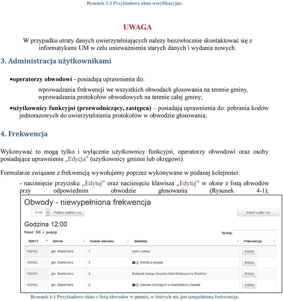 Administracja użytkownikami operatorzy obwodowi - posiadają uprawnienia do: wprowadzania frekwencji we wszystkich obwodach głosowania na terenie gminy, wprowadzania protokołów obwodowych na terenie