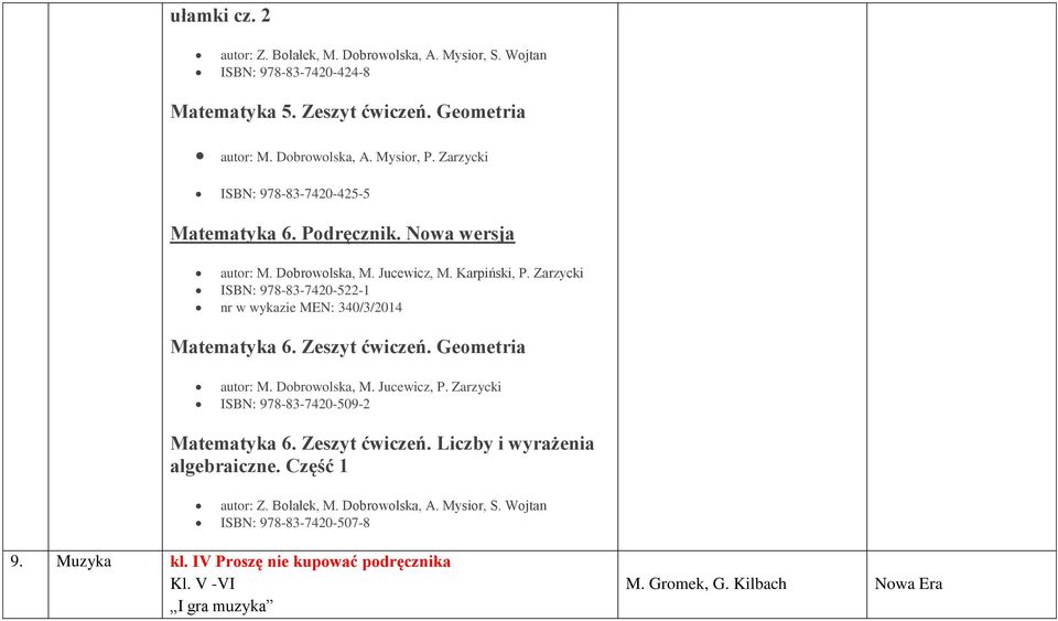 Zarzycki ISBN: 978-83-7420-522-1 nr w wykazie MEN: 340/3/2014 Matematyka 6. Zeszyt ćwiczeń. Geometria autor: M. Dobrowolska, M. Jucewicz, P.
