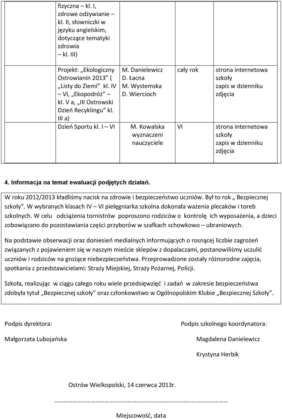 W roku 2012/2013 kładliśmy nacisk na zdrowie i bezpieczeostwo uczniów. Był to rok Bezpiecznej. W wybranych klasach IV VI pielęgniarka szkolna dokonała ważenia plecaków i toreb szkolnych.