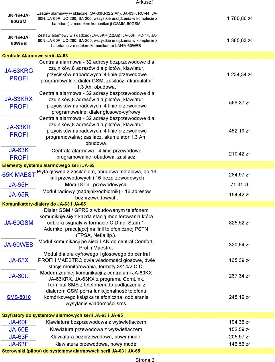 1 780,80 zł 1 385,63 zł Centrale Alarmowe serii JA-63 JA-63KRG PROFI JA-63KRX PROFI JA-63KR PROFI JA-63K PROFI Centrala alarmowa - 32 adresy bezprzewodowe dla czujników,8 adresów dla pilotów,