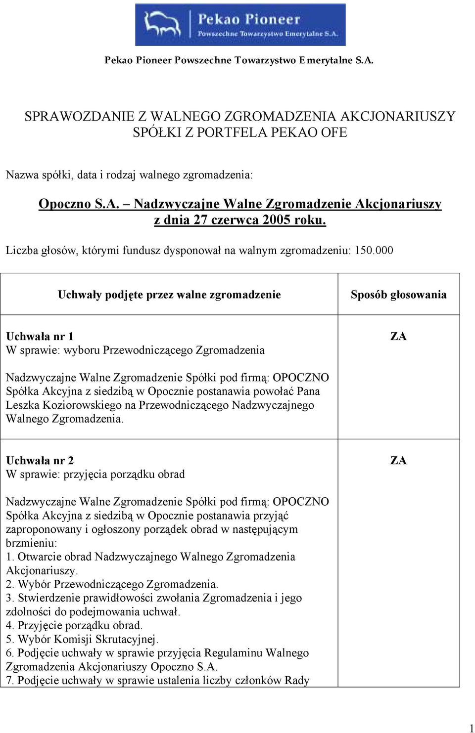 000 Uchwały podjęte przez walne zgromadzenie Sposób głosowania Uchwała nr 1 W sprawie: wyboru Przewodniczącego Zgromadzenia Leszka Koziorowskiego na Przewodniczącego Nadzwyczajnego Walnego