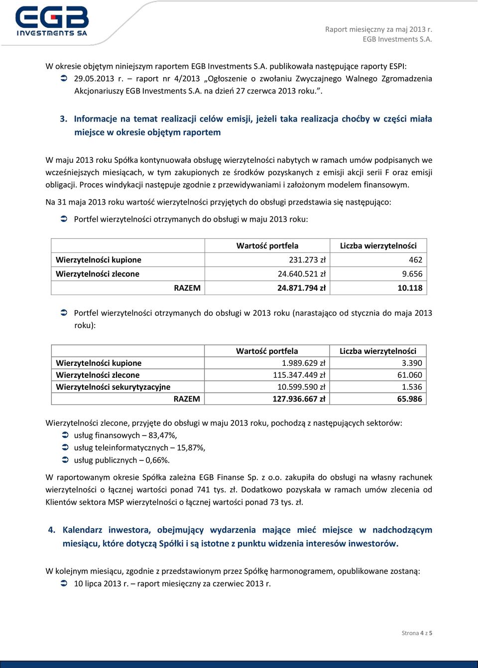 Informacje na temat realizacji celów emisji, jeżeli taka realizacja choćby w części miała miejsce w okresie objętym raportem W maju 2013 roku Spółka kontynuowała obsługę wierzytelności nabytych w