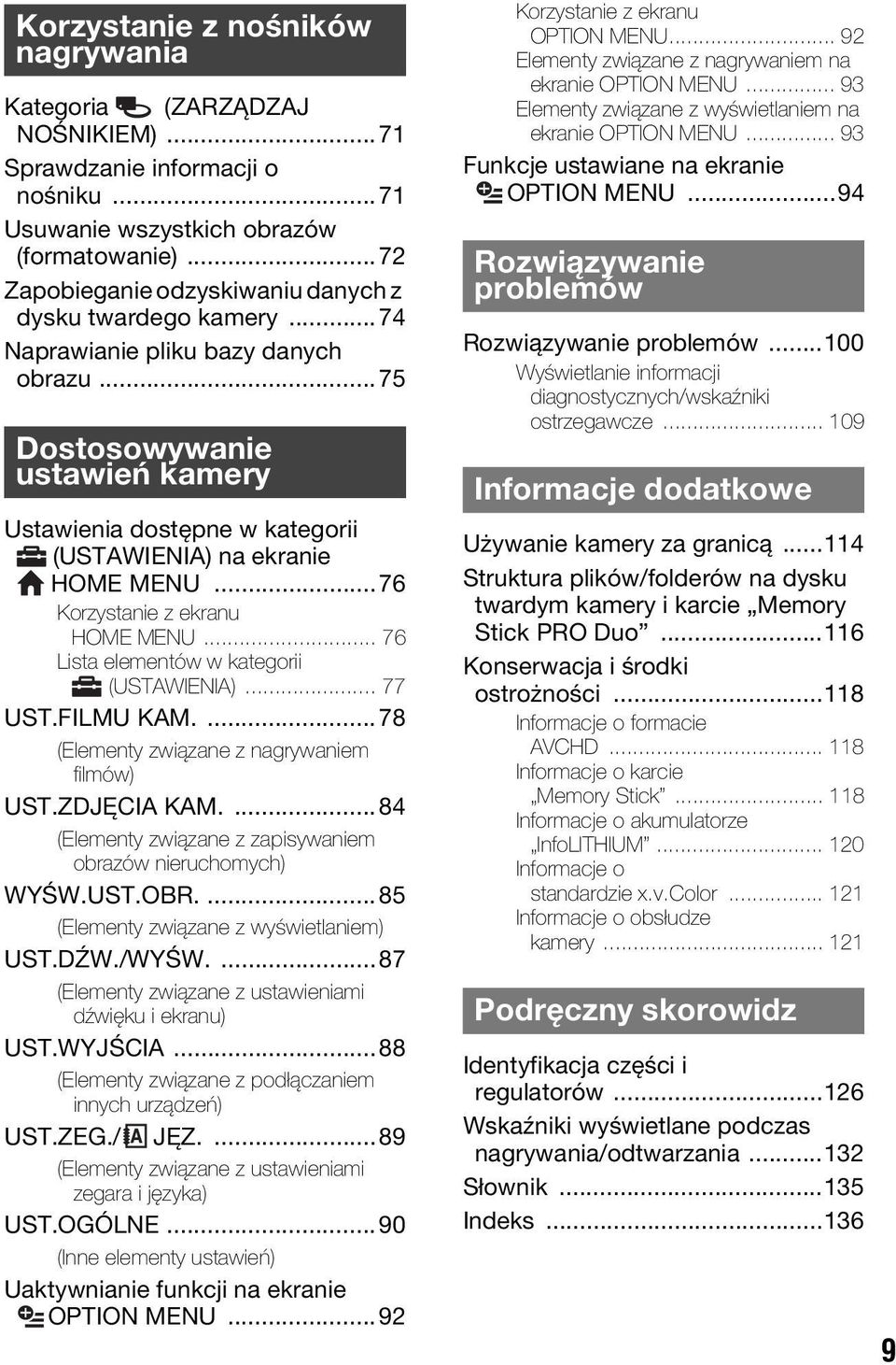 ..75 Dostosowywanie ustawień kamery Ustawienia dostępne w kategorii (USTAWIENIA) na ekranie HOME MENU...76 Korzystanie z ekranu HOME MENU... 76 Lista elementów w kategorii (USTAWIENIA)... 77 UST.