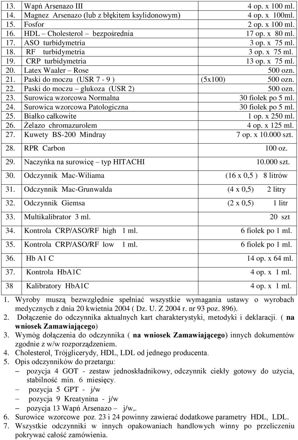 Paski do moczu glukoza (USR 2) 500 ozn. 23. Surowica wzorcowa Normalna 30 fiolek po 5 ml. 24. Surowica wzorcowa Patologiczna 30 fiolek po 5 ml. 25. Białko całkowite 1 op. x 250 ml. 26.