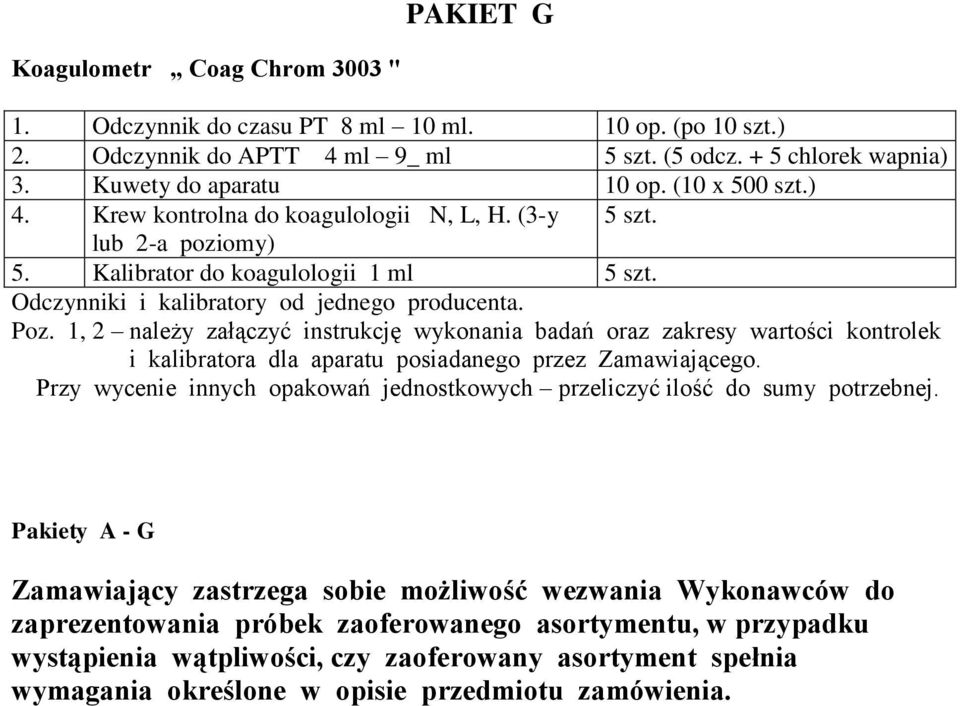 1, 2 należy załączyć instrukcję wykonania badań oraz zakresy wartości kontrolek i kalibratora dla aparatu posiadanego przez Zamawiającego.