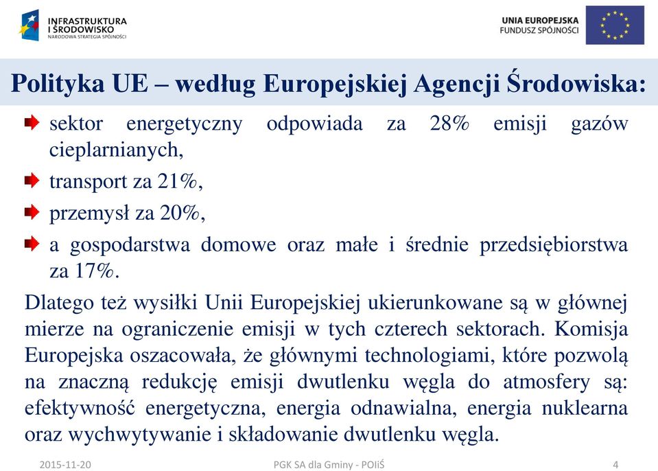 Dlatego też wysiłki Unii Europejskiej ukierunkowane są w głównej mierze na ograniczenie emisji w tych czterech sektorach.