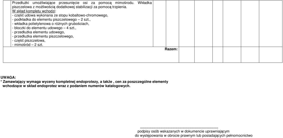 , - wkładka polietylenowa o różnych grubościach, - bloczki do elementu udowego 4 szt.