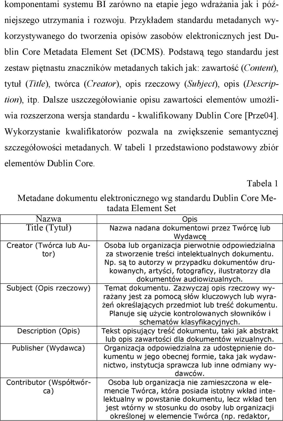 Podstawą tego standardu jest zestaw piętnastu znaczników metadanych takich jak: zawartość (Content), tytuł (Title), twórca (Creator), opis rzeczowy (Subject), opis (Description), itp.