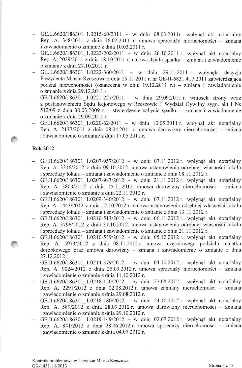 II.6620/186301_1.0222-360/2011 - w dniu 29.11.2011 r. wplynyla decyzja Prezydenta Miasta Rzeszowa z dnia 29.11.2011 r. nr GE-U-6831.417.2011 zatwierdzajqca podzial nieruchomosci (ostateczna w dniu 19.