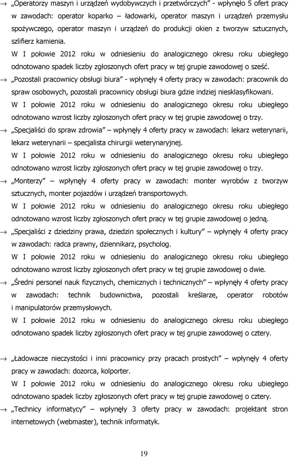 W I połowie 2012 roku w odniesieniu do analogicznego okresu roku ubiegłego odnotowano spadek liczby zgłoszonych ofert pracy w tej grupie zawodowej o sześć.