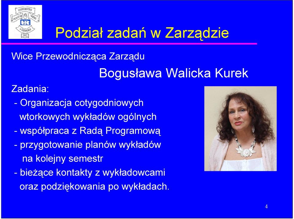 - współpraca z Radą Programową - przygotowanie planów wykładów na kolejny