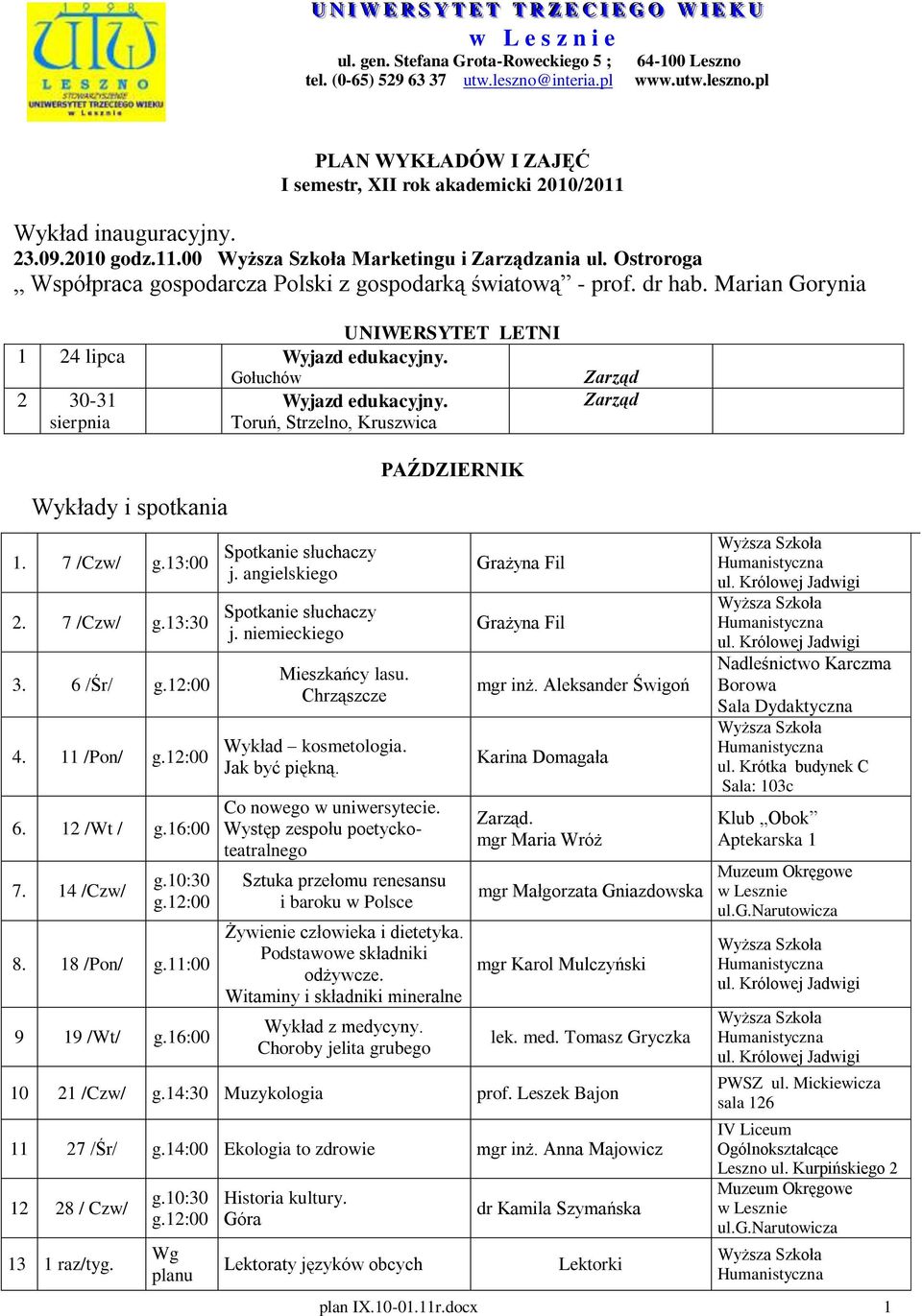 Ostroroga Współpraca gospodarcza Polski z gospodarką światową - prof. dr hab. Marian Gorynia UNIWERSYTET LETNI 1 24 lipca Wyjazd edukacyjny. Gołuchów 2 30-31 sierpnia Wyjazd edukacyjny.