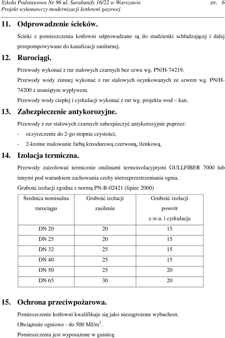 Przewody wody ciepłej i cyrkulacji wykonać z rur wg. projektu wod kan. 13. Zabezpieczenie antykorozyjne.