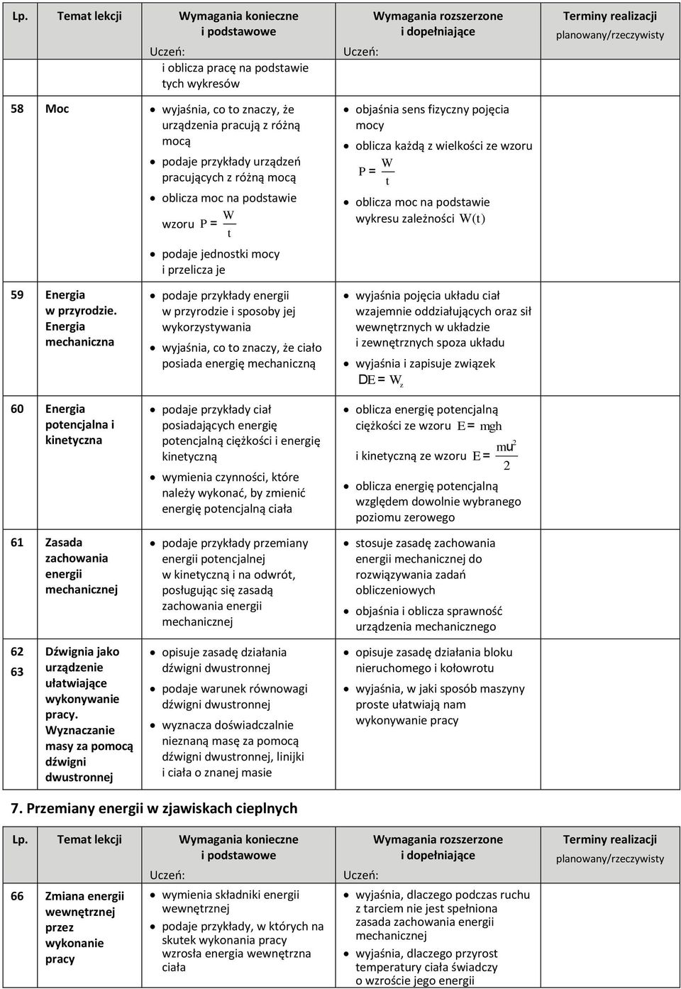 wykorzysywania wyjaśnia, co o znaczy, że ciało posiada energię mechaniczną objaśnia sens fizyczny pojęcia mocy oblicza każdą z wielkości ze wzoru W P = oblicza moc na podsawie wykresu zależności W ()