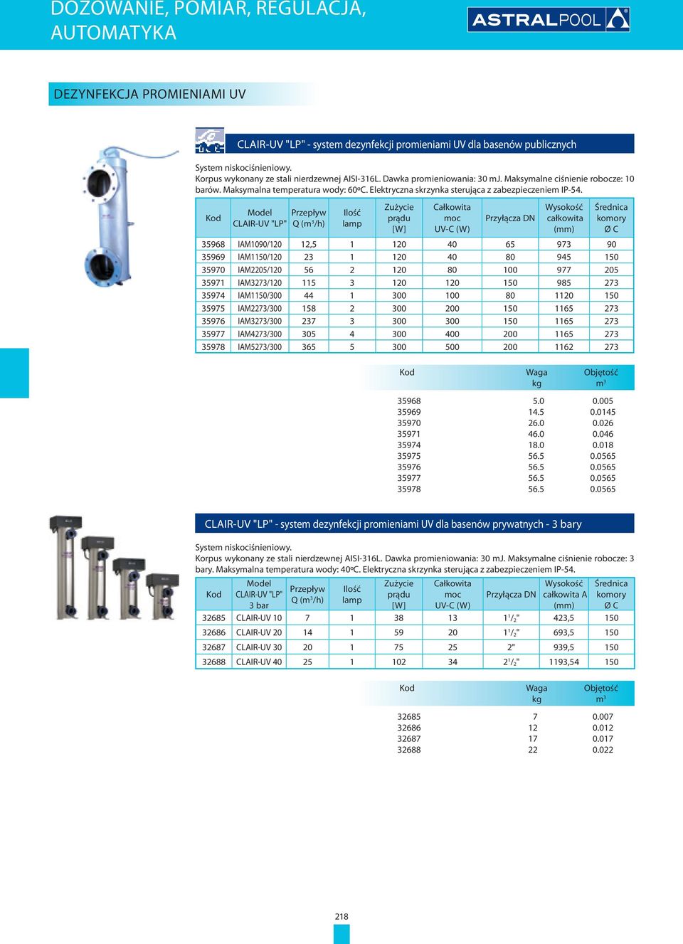 Kod Model Przepływ CLAIR-UV "LP" Q (m 3 /h) Ilość lamp Zużycie prądu [W] Całkowita moc UV-C (W) Przyłącza DN Wysokość całkowita (mm) Średnica komory Ø C 35968 IAM1090/120 12,5 1 120 40 65 973 90