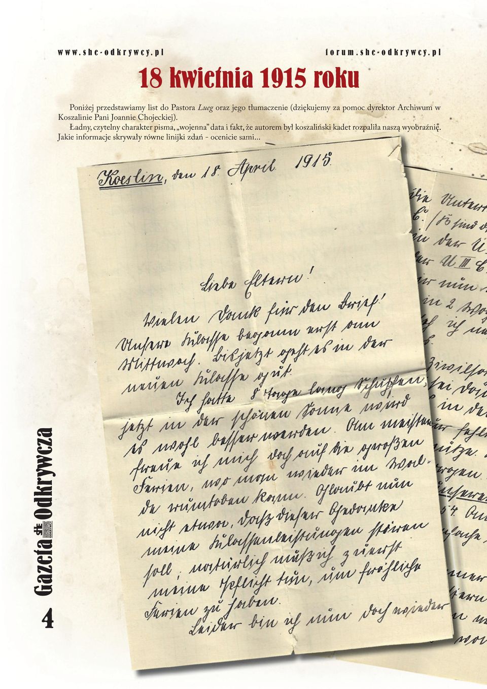 p l 18 kwietnia 1915 roku Poniżej przedstawiamy list do Pastora Lueg oraz jego tłumaczenie (dziękujemy za