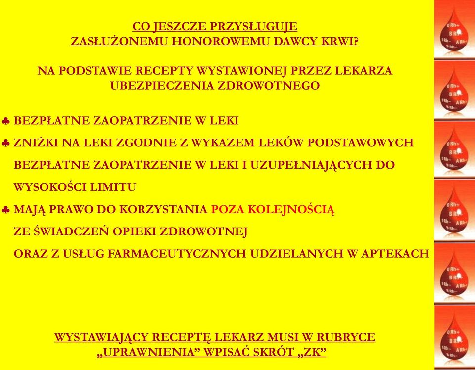 ZGODNIE Z WYKAZEM LEKÓW PODSTAWOWYCH BEZPŁATNE ZAOPATRZENIE W LEKI I UZUPEŁNIAJĄCYCH DO WYSOKOŚCI LIMITU MAJĄ PRAWO DO