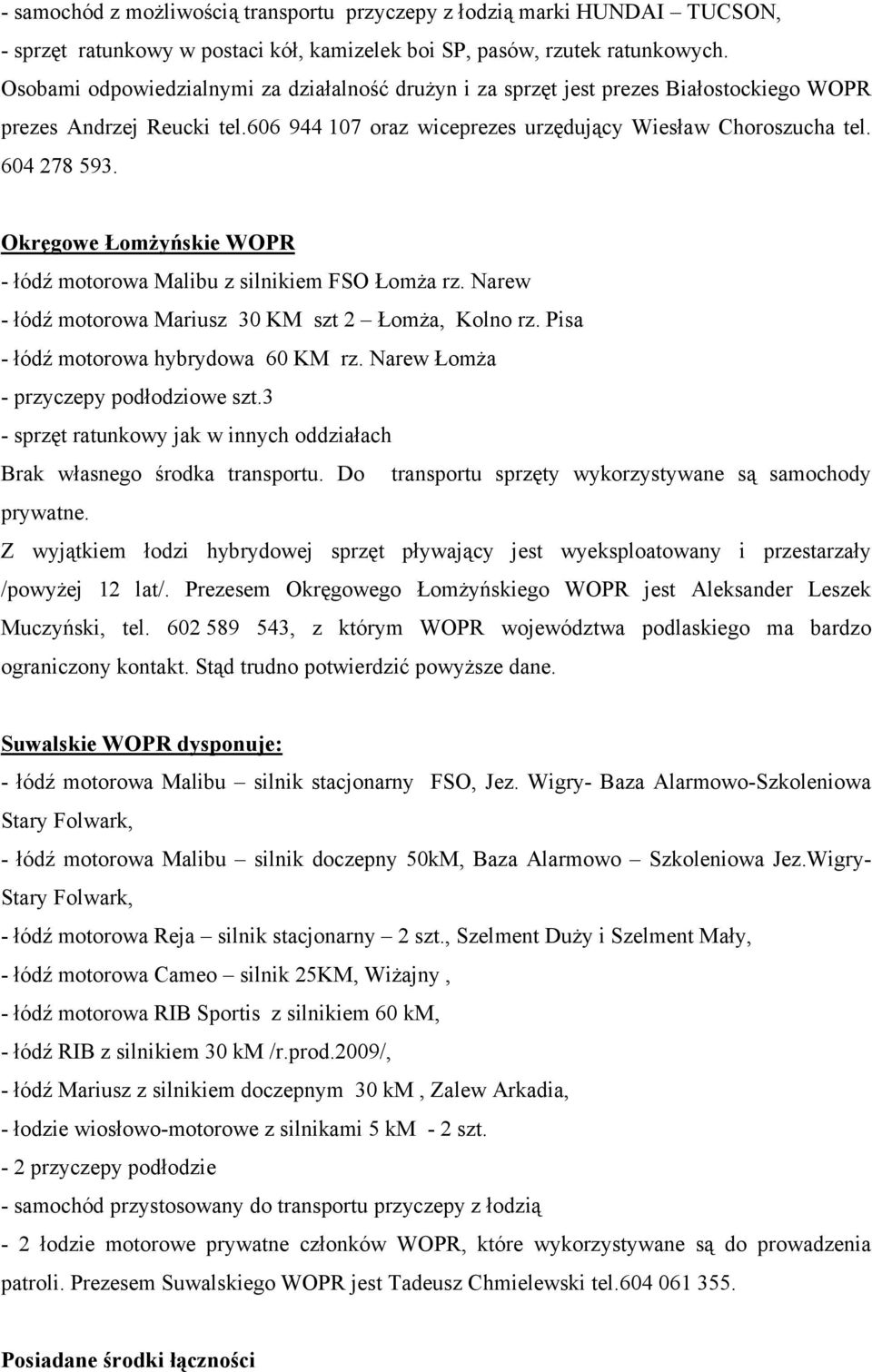 Okręgowe ŁomŜyńskie WOPR - łódź motorowa Malibu z silnikiem FSO ŁomŜa rz. Narew - łódź motorowa Mariusz 30 KM szt 2 ŁomŜa, Kolno rz. Pisa - łódź motorowa hybrydowa 60 KM rz.