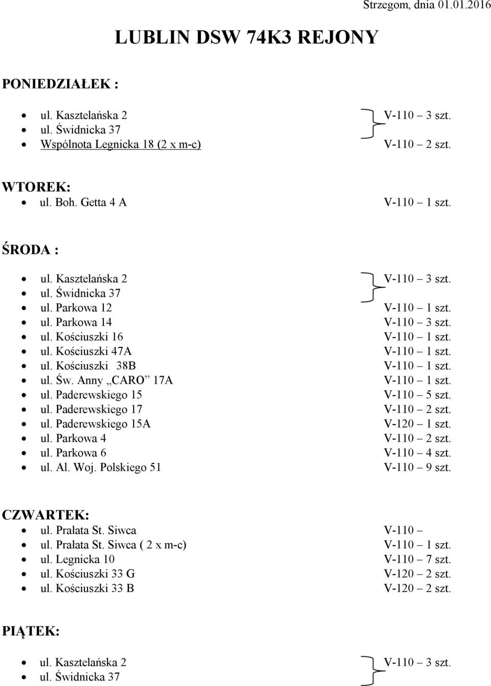ul. Św. Anny CARO 17A V-110 1 szt. ul. Paderewskiego 15 V-110 5 szt. ul. Paderewskiego 17 V-110 2 szt. ul. Paderewskiego 15A V-120 1 szt. ul. Parkowa 4 V-110 2 szt. ul. Parkowa 6 V-110 4 szt. ul. Al.