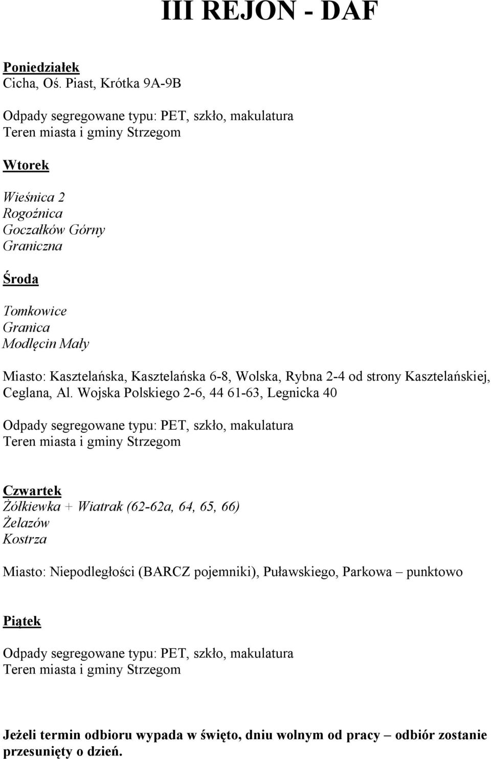 Miasto: Kasztelańska, Kasztelańska 6-8, Wolska, Rybna 2-4 od strony Kasztelańskiej, Ceglana, Al.