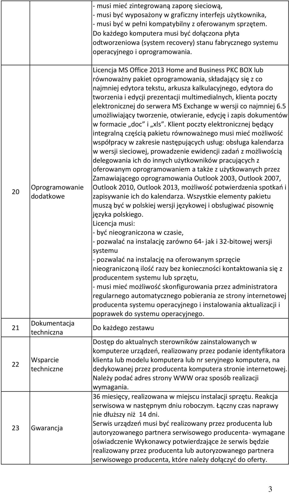 20 21 22 Oprogramowanie dodatkowe Dokumentacja techniczna Wsparcie techniczne 23 Gwarancja Licencja MS Office 2013 Home and Business PKC BOX lub równoważny pakiet oprogramowania, składający się z co