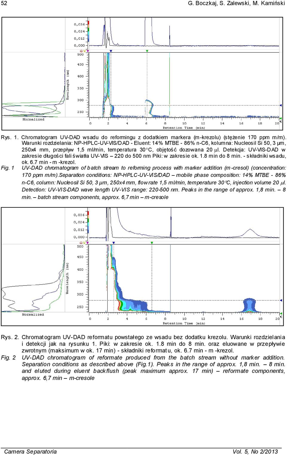 Detekcja: UV-VIS-DAD w zakresie długości fali światła UV-VIS 220 do 500 nm Piki: w zakresie ok. 1.8 min do 8 min. - składniki wsadu, ok. 6.7 min - m -krezol. Fig.