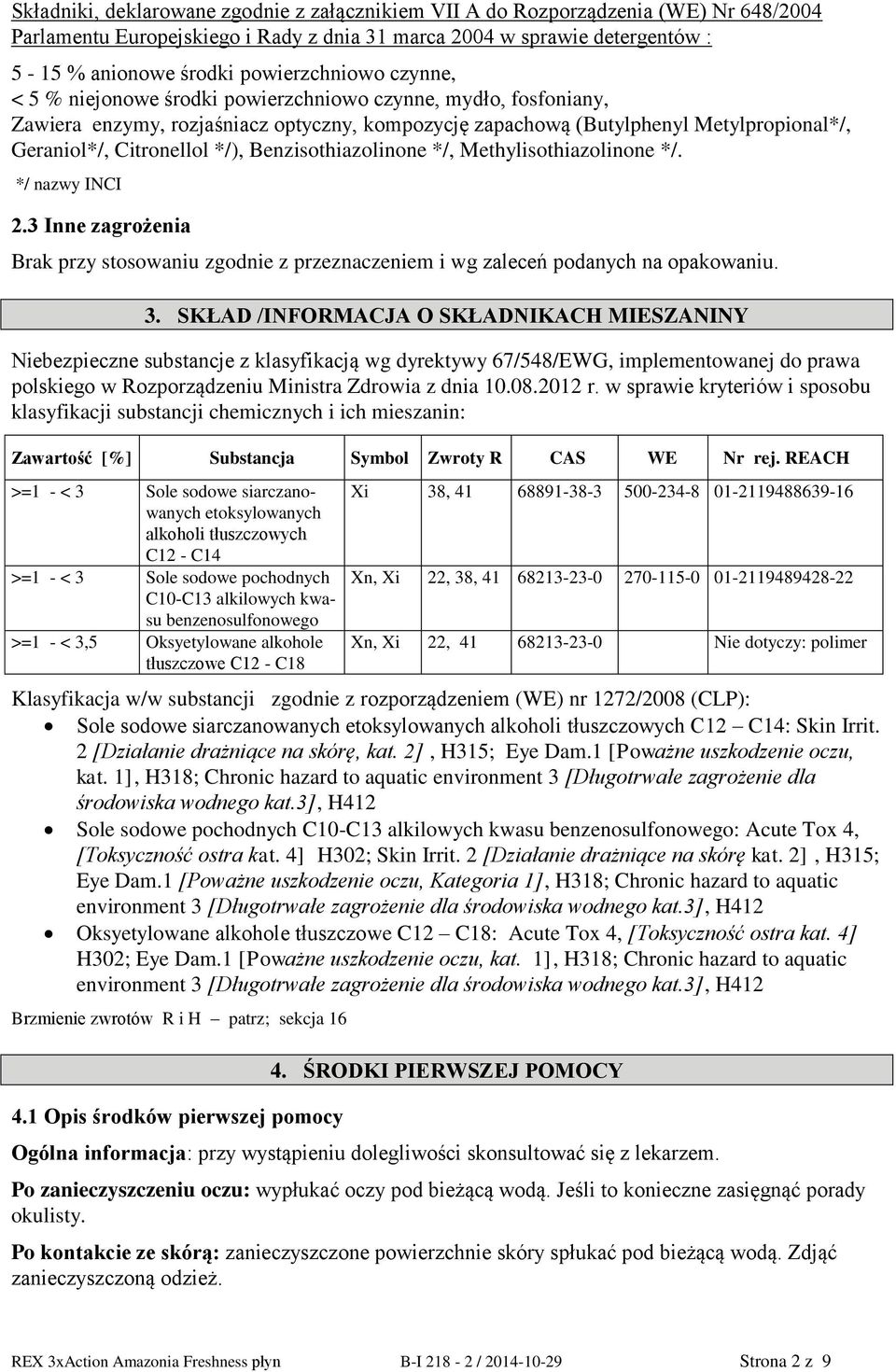 Citronellol */), Benzisothiazolinone */, Methylisothiazolinone */. */ nazwy INCI 2.3 Inne zagrożenia Brak przy stosowaniu zgodnie z przeznaczeniem i wg zaleceń podanych na opakowaniu. 3.