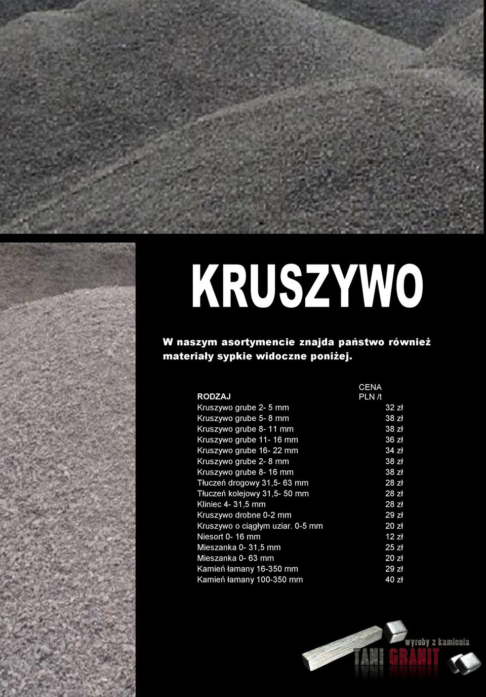 Kruszywo grube 8-16 mm Tłuczeń drogowy 31,5-63 mm Tłuczeń kolejowy 31,5-50 mm Kliniec 4-31,5 mm Kruszywo drobne 0-2 mm Kruszywo o ciągłym uziar.