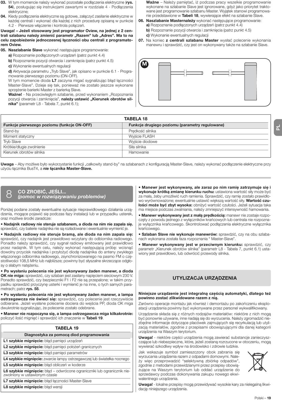 Jeżeli stosowany jest programator Oview, na jednej z 2 centrali szlabanu należy zmienić parametr Razem lub Adres. Ma to na celu zapobieżenie jednoczesnej łączności obu centrali z programatorem Oview.