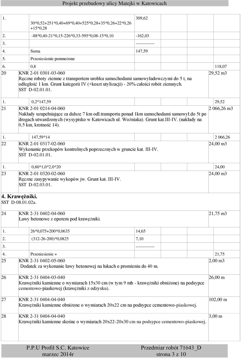 Grunt kategorii IV (+koszt utylizacji) - 20% całości robót ziemnych. SST D-02.01.01. 29,52 m3 1. 0,2*147,59 29,52 21 KNR 2-01 0214-04-060 Nakłady uzupełniające za dalsze 7 km odl.